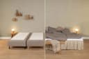 Before and after: two bare bed bases side by side, then the same beds joined to create one made-up bed with duvets and a bed skirt