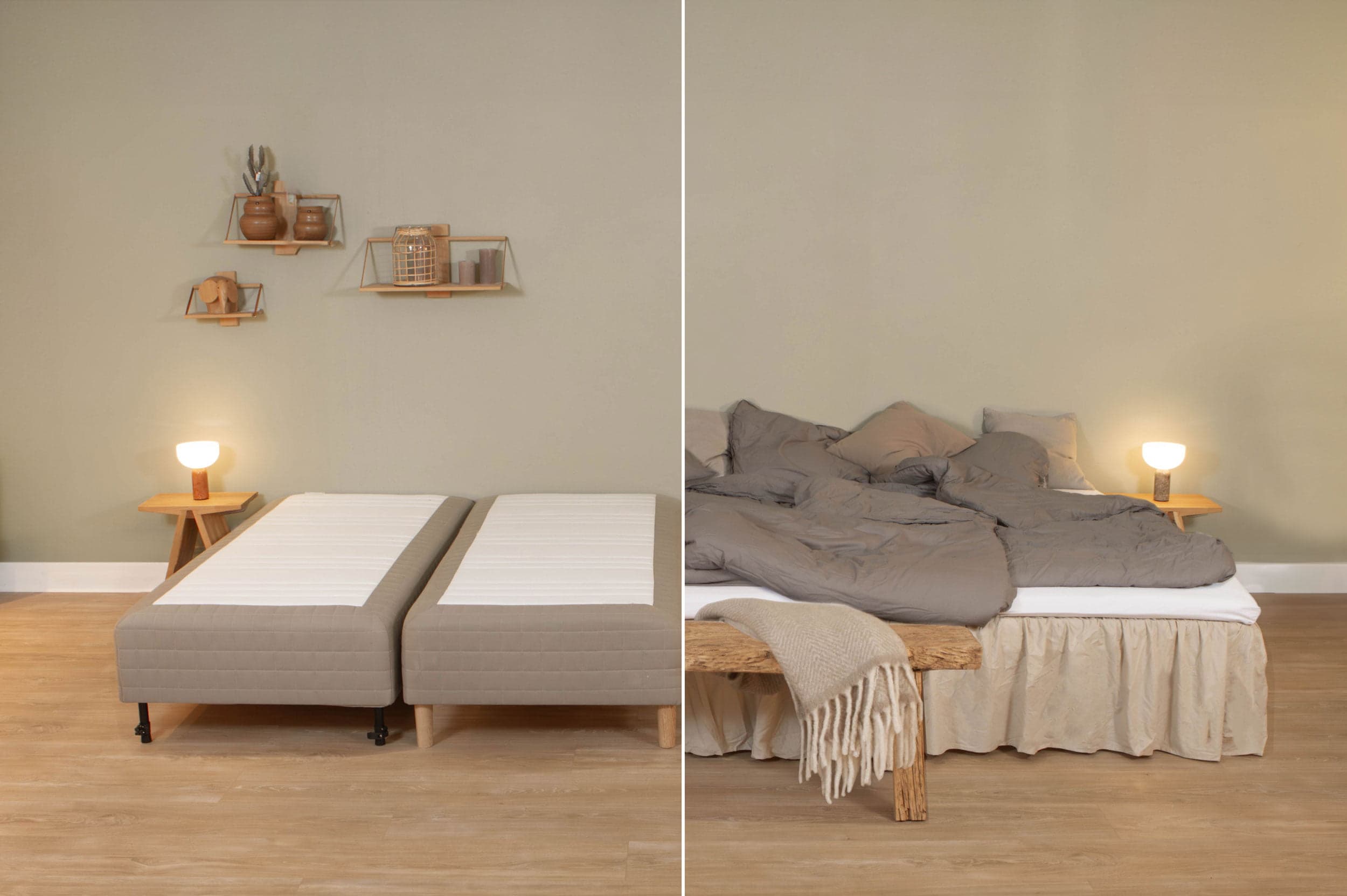 Before and after: two bare bed bases side by side, then the same beds joined to create one made-up bed with duvets and a bed skirt