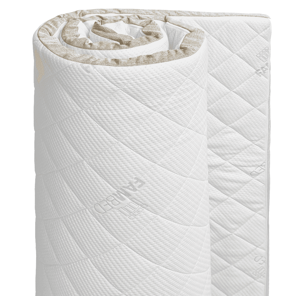 Partially rolled FAMBED mattress topper with a quilted white cover and linen-coloured trim