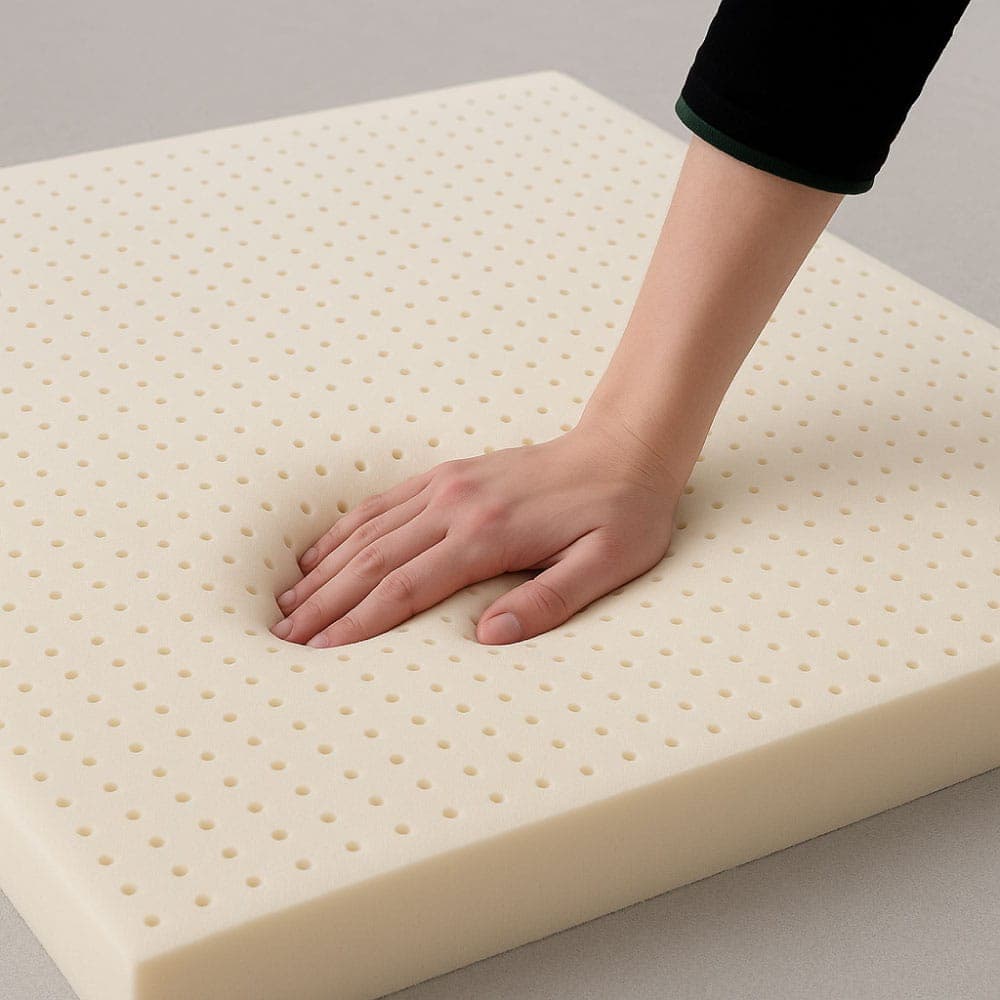 Close-up of the perforated natural latex core inside the FamBed mattress topper