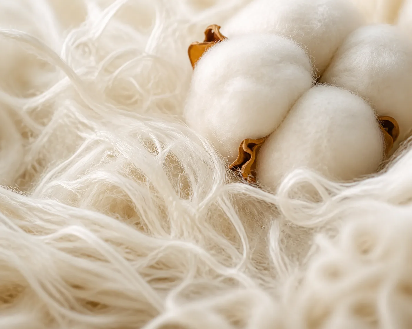 Macro photograph of natural cotton fibres and a soft tuft of cotton