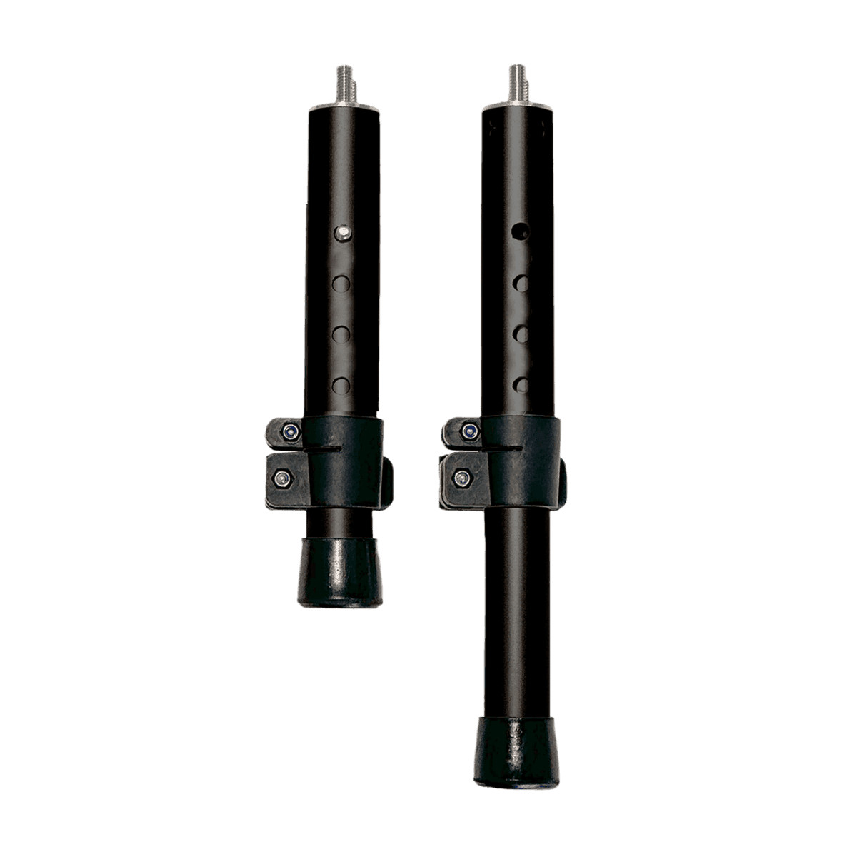 Two black height-adjustable bed legs with adjustment rings, one longer than the other