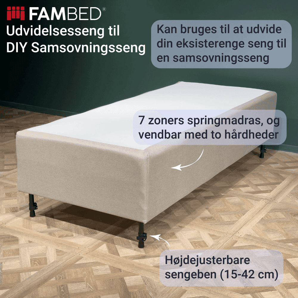 Infographic showing a FAMBED extension bed on black legs, highlighting its reversible 7-zone sprung mattress and height-adjustable bed legs
