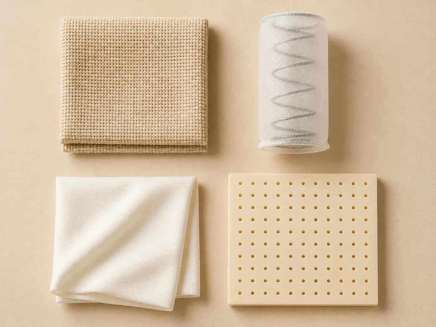 Four material samples on a light surface: woven beige cover fabric, a single pocket spring in its fabric pocket, a folded piece of soft white fabric and a perforated natural latex sheet.