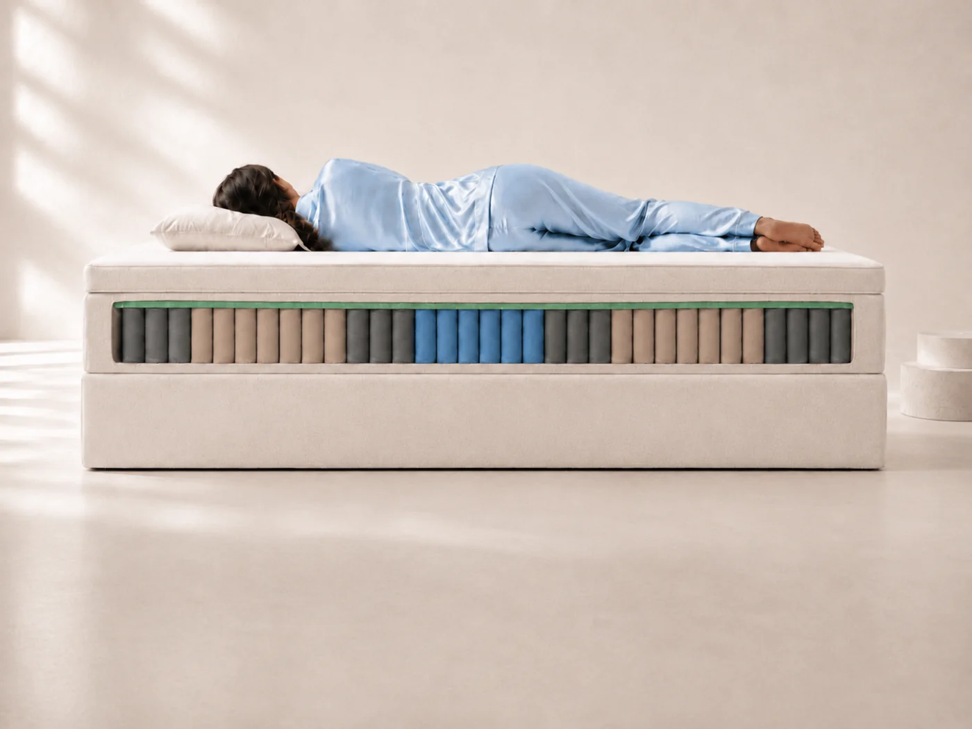 Side view of the bed with the front of the mattress opened to reveal the pocket springs beneath the mattress topper