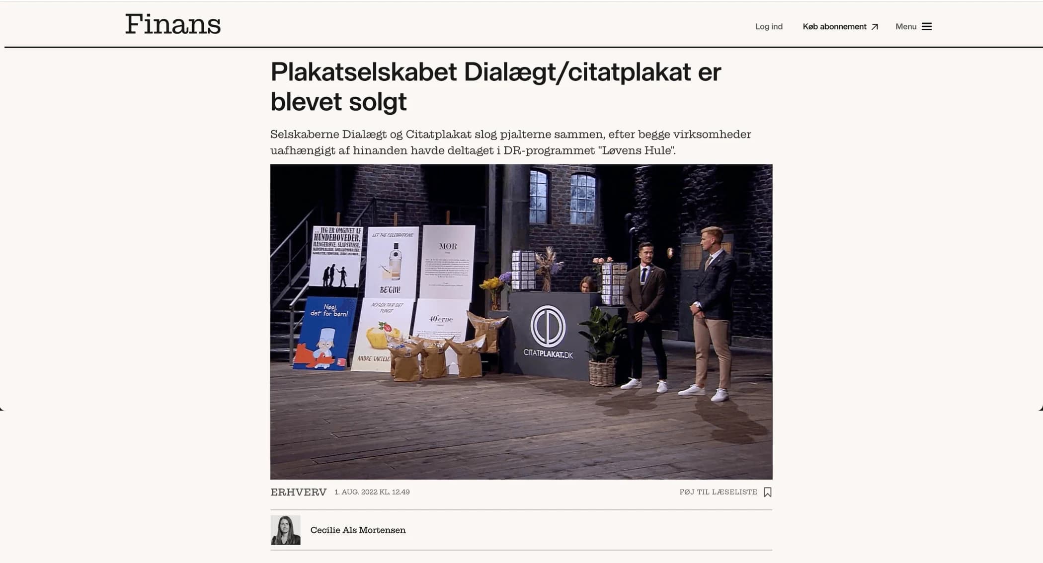 Screenshot of the Finans article reporting the sale of Dialægt/Citatplakat