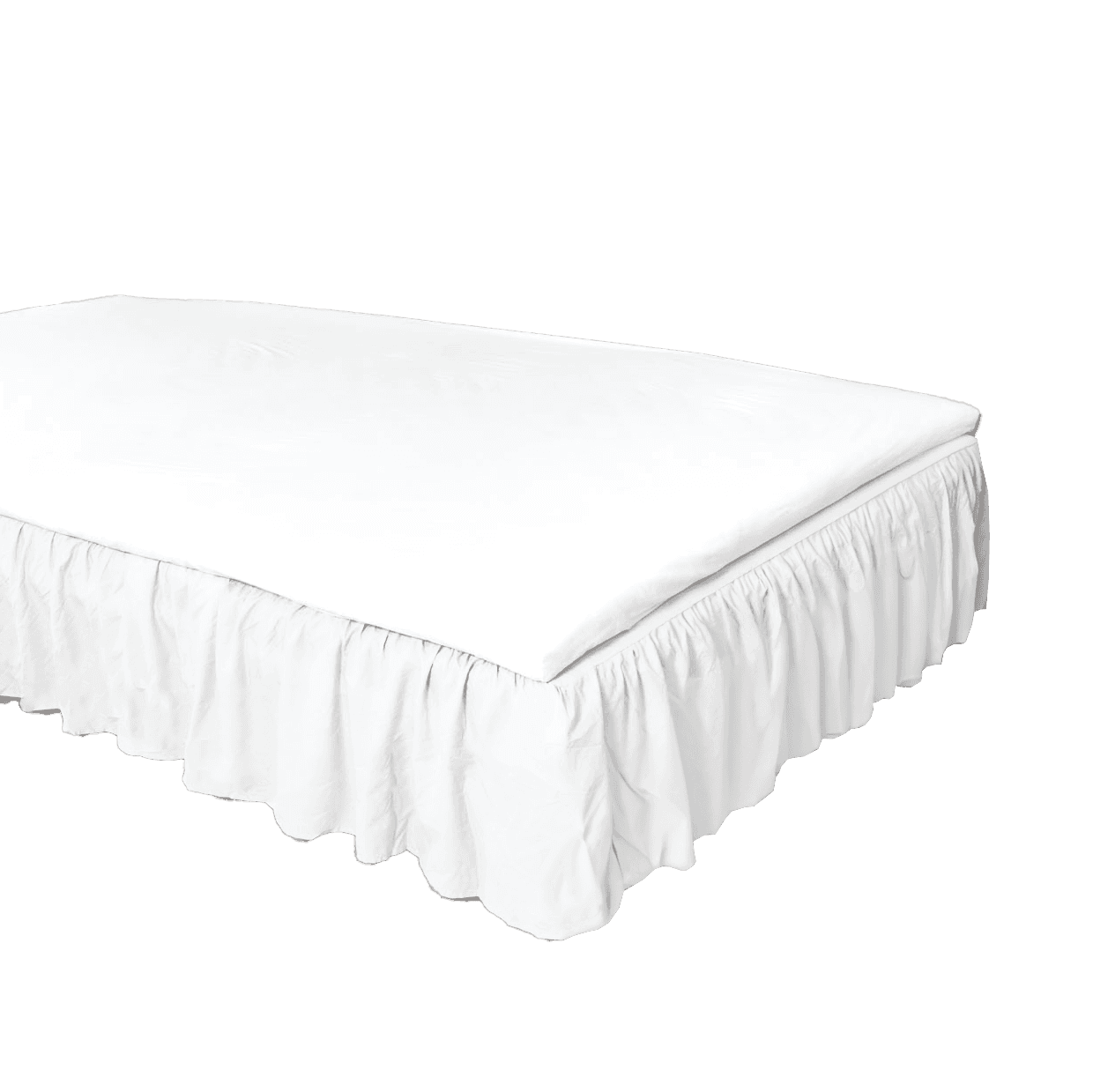 Freestanding bed with a white ruffled bed skirt reaching the floor