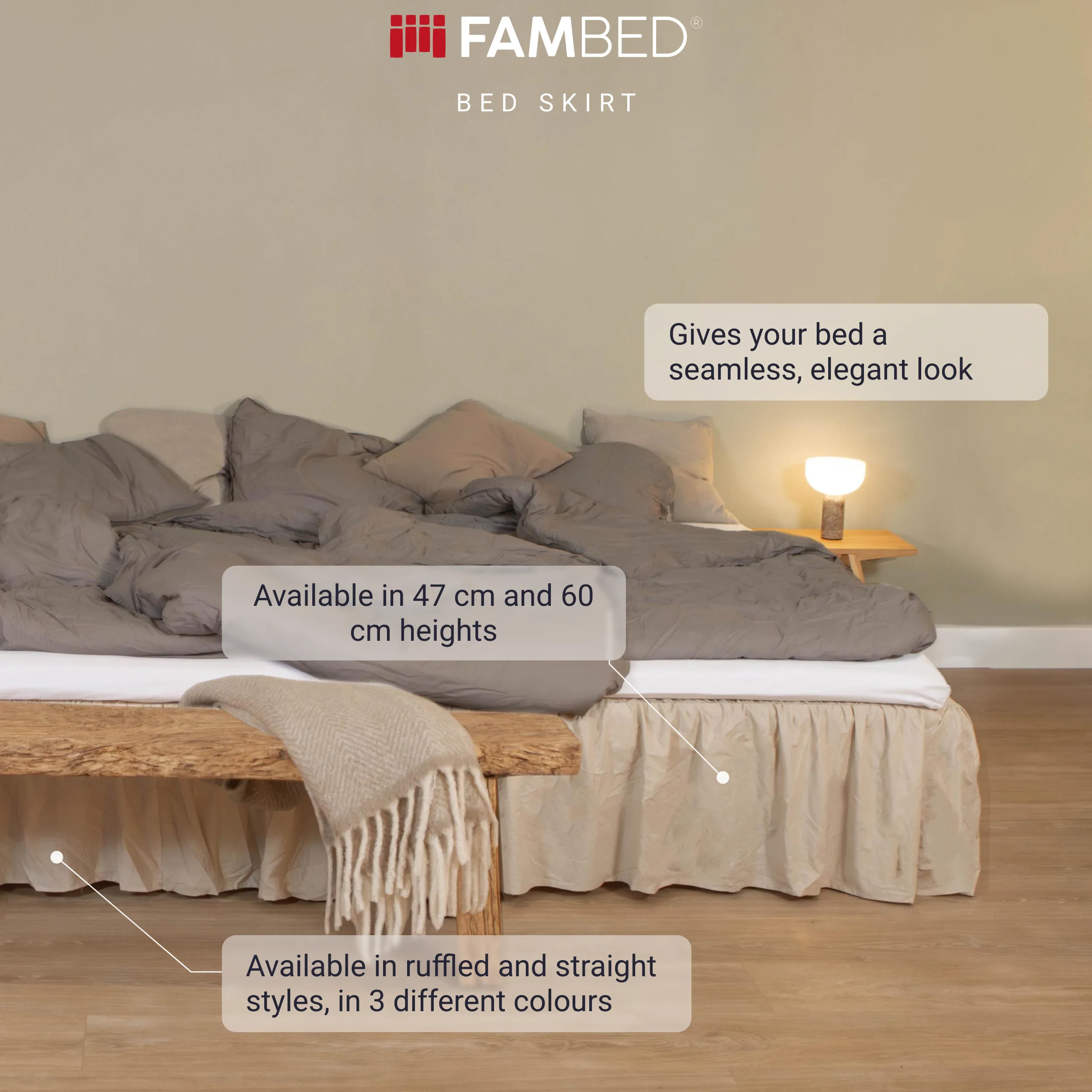 Family bed with a beige bed skirt covering the bed base and the space underneath