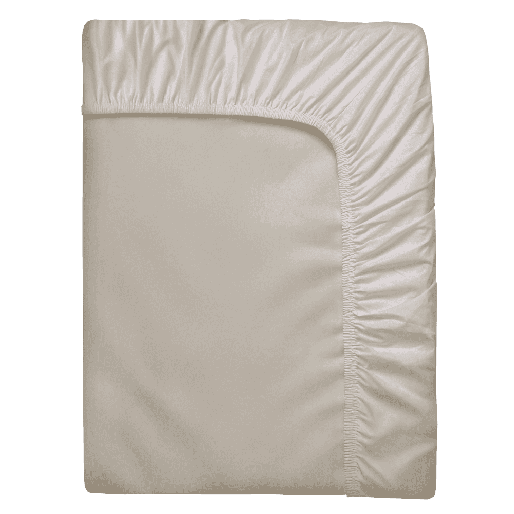 Folded beige fitted sheet with an elasticated hem all the way round