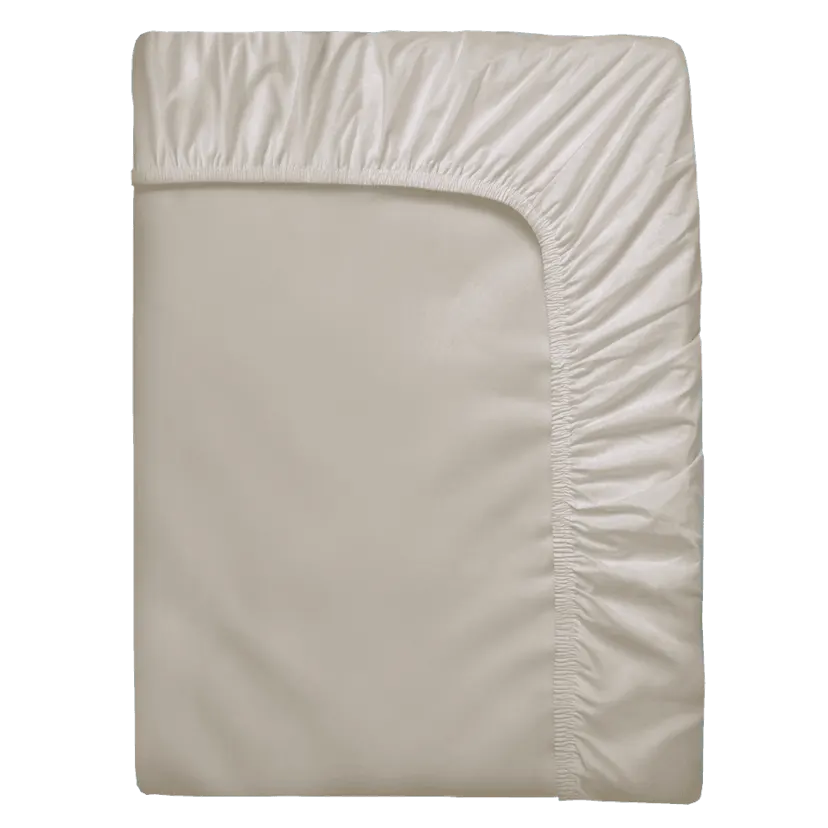 Folded beige fitted sheet with an elasticated hem all the way round