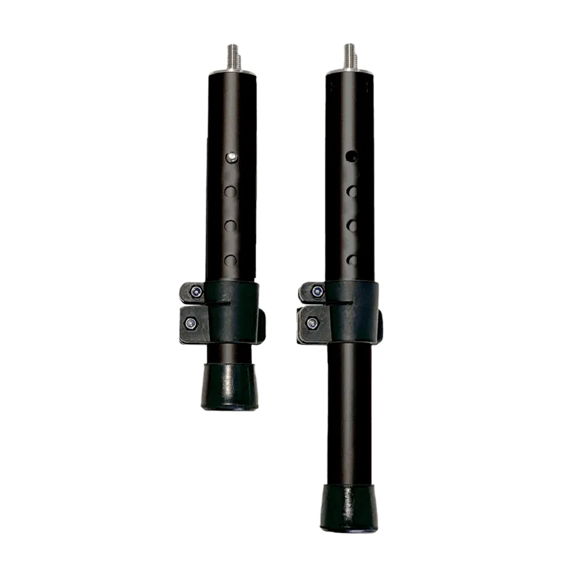 Two black height-adjustable bed legs with adjustment rings, one longer than the other